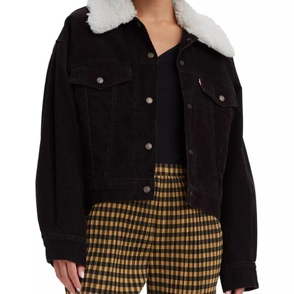Levi’s Women’s Sherpa Baby Baggy Trucker Black Jacket Size L - Picture 1 of 10